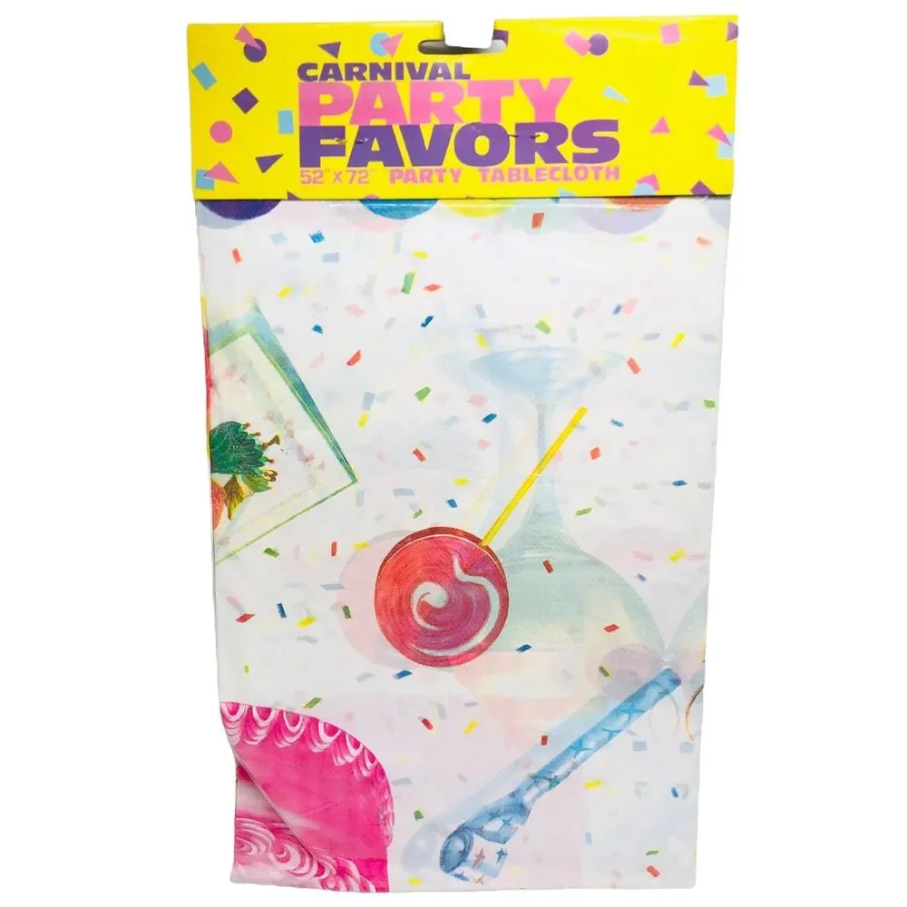 VTG Birthday Plastic Tablecloth Sweets Ice Cream Cone Clown Confetti 52” X 72”